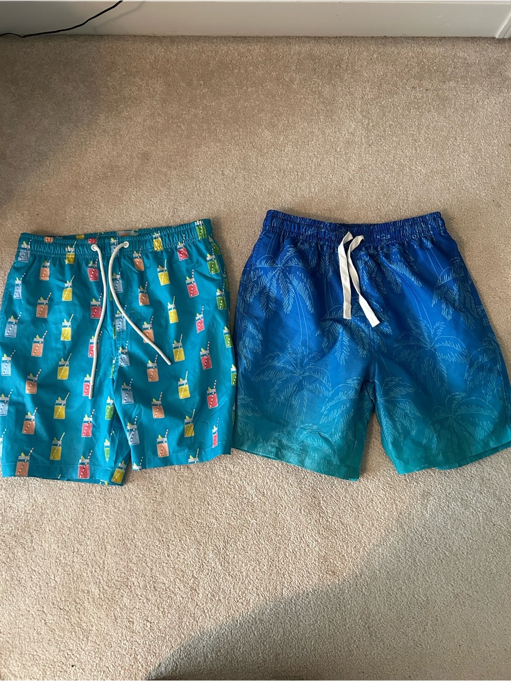 Blue Kids Swim Trunks with Subtle Palm Print And Swim Trunks with Drink Design
